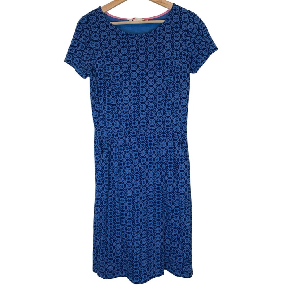BODEN Blue Geometric Print Short Sleeve Dress with Pockets
